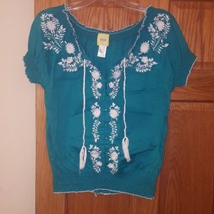 Teal and white embroidered shirt